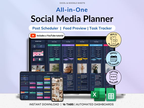 Social Media Planner Spreadsheet Dark Mode Monthly Content Calendar for Digital Creators Google Sheets Excel Instagram TikTok Manager