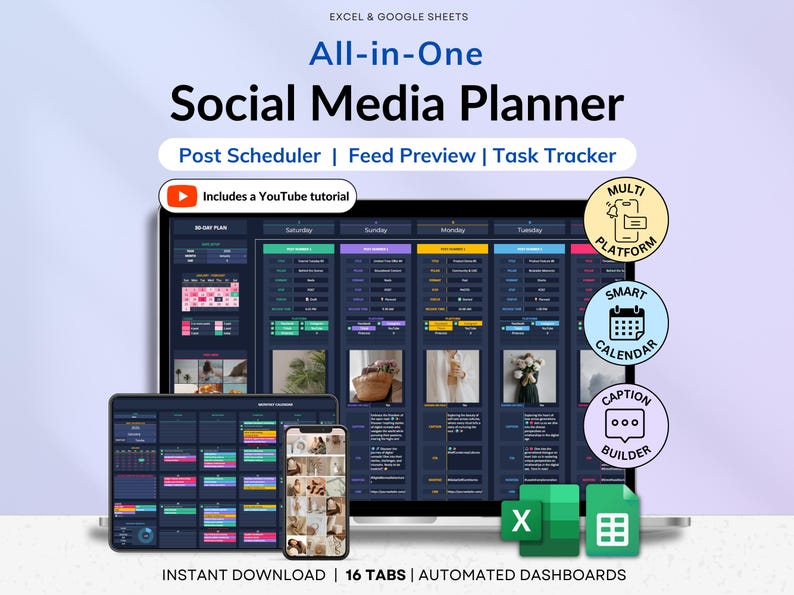 Dark mode social media planner spreadsheet featuring a monthly and weekly content calendar for digital creators. All-in-one content planner with brand identity setup, goals, dashboards, content planning, post scheduling, task tracking, hashtag strategy, influencer collaborations, and performance analytics. Designed for Instagram and TikTok content planning in Google Sheets and Excel.
