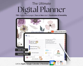 Op de afbeelding: Twee digitale planners op een paarse achtergrond. De bovenste planner toont bloemengraphics en de tekst "2026 ORGANIZED". De onderste planner toont een dagschema met de tekst "English Class", "Math Class" en "Study at the library". De tekst "The Ultimate Digital Planner" staat bovenaan.