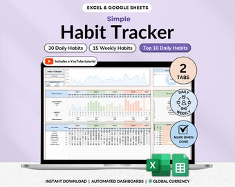 Yearly Habit Tracker Spreadsheet Excel Google Sheets Daily Habit Planner Weekly Goal Planner Routine Planner ADHD Habit Tracker Annual Habit