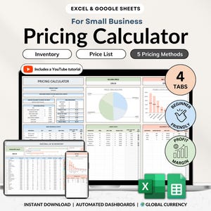 以下が含まれることがあります： 中小企業向けのデジタル価格計算機。ラップトップ、タブレット、携帯電話に表示されます。画像には「Pricing Calculator」、「Inventory」、「Price List」、「5 Pricing Methods」の文字が含まれています。デザインにはYouTubeチュートリアルが含まれています。