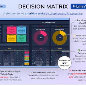 Dark mode project and task management spreadsheet for Google Sheets and Excel, featuring a Gantt chart, Kanban board, task scheduler, and smart filters. Easily manage multiple projects with recurring and one-time tasks, automated dashboards, and monthly and weekly calendar views. Includes a decision matrix, structured task tracking system, and built-in productivity planner. A powerful yet easy-to-use project management template designed to keep you organized and maximize productivity.