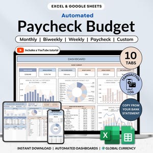 Könnte beinhalten: Eine digitale Tabellenvorlage für die automatisierte Gehaltsabrechnungsbudgetierung, angezeigt auf einem Laptop, Tablet und Smartphone. Das Design umfasst Diagramme, Grafiken und den Text "Paycheck Budget". Es enthält ein YouTube-Tutorial und ist mit Excel und Google Sheets kompatibel.