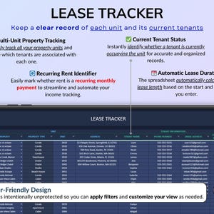 Rental Property Tracker spreadsheet for landlords managing multi property and long-term rental portfolios in dark mode. Track income and expense, profit, mileage, maintenance and rent payments for up to 50 properties over multiple years. Includes automated tenant ledger sheet, lease tracker, booking calendar, and dashboards for property analysis with monthly, annual and 5-year reports. All-in-one rental bookkeeping and real estate finances template to monitor cash flow and performance.