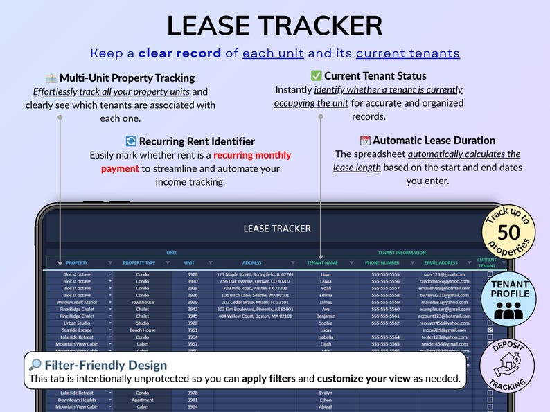 Rental Property Tracker spreadsheet for landlords managing multi property and long-term rental portfolios in dark mode. Track income and expense, profit, mileage, maintenance and rent payments for up to 50 properties over multiple years. Includes automated tenant ledger sheet, lease tracker, booking calendar, and dashboards for property analysis with monthly, annual and 5-year reports. All-in-one rental bookkeeping and real estate finances template to monitor cash flow and performance.