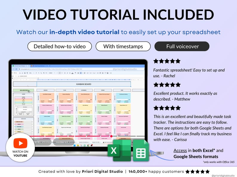 Dark mode project and task management spreadsheet for Google Sheets and Excel, featuring a Gantt chart, Kanban board, task scheduler, and smart filters. Easily manage multiple projects with recurring and one-time tasks, automated dashboards, and monthly and weekly calendar views. Includes a decision matrix, structured task tracking system, and built-in productivity planner. A powerful yet easy-to-use project management template designed to keep you organized and maximize productivity.