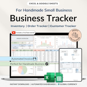Può includere: Un laptop e un tablet mostrano un foglio di calcolo per il monitoraggio aziendale. L'immagine include il testo "For Handmade Small Business Business Tracker" e "Inventory | Order Tracker | Customer Tracker". Il testo aggiuntivo include "Automated Invoice" e "Profit Calculator".