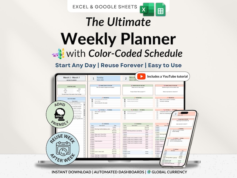 Weekly planner spreadsheet for Excel and Google Sheets to plan your week, organize tasks, track habits, and manage your schedule. Includes weekly time blocking, daily task tracker, to-do list, and productivity planner to stay focused and organized. Perfect for ADHD routines, planning deadlines, building habits, and creating productive weekly schedules in an easy editable planner template.