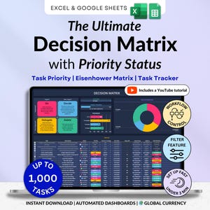 May include: A laptop screen shows a decision matrix titled "The Ultimate Decision Matrix with Priority Status." The display includes a task tracker, Eisenhower matrix, and workflow control. The image includes the text "Up to 1,000 Tasks" and "Instant Download."