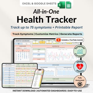 Puede incluir: Una plantilla digital de seguimiento de salud todo en uno para Excel y Google Sheets. La pantalla muestra un panel mensual, gráficos de síntomas y un rastreador diario en una computadora portátil, tableta y teléfono inteligente. Incluye iconos para correlación de síntomas, métricas de salud y funciones automatizadas con un enlace a un tutorial de YouTube.