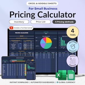 Op de afbeelding: Een digitale prijs calculator voor kleine bedrijven, weergegeven op een laptop, tablet en smartphone. De interface toont grafieken en datatabellen. Inclusief een YouTube tutorial, 4 tabbladen en 5 prijsmethoden. De software is beginner-vriendelijk.
