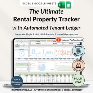 May include: A laptop screen displays a rental property tracker with automated tenant ledger. The software supports single and multi-unit rentals, up to 50 properties. Includes a YouTube tutorial, income and expense tracking, and a mileage tracker. Features a bonus maintenance tracker.