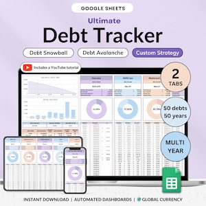 May include: A digital debt tracker displayed on a laptop, tablet, and smartphone. The screen shows charts, graphs, and financial data. Text includes "Ultimate Debt Tracker", "Debt Snowball", "Debt Avalanche", and "Custom Strategy". The image also includes the Google Sheets logo.