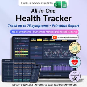 Könnte beinhalten: Eine All-in-One-Gesundheits-Tracker-Vorlage für Excel und Google Sheets. Die Anzeige zeigt ein monatliches Dashboard mit Symptomdiagrammen, einen täglichen Tracker und eine Smartphone-Oberfläche. Enthält Symbole für Symptomkorrelation und Metriken.