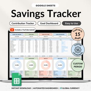 May include: A laptop screen displays a "Savings Tracker" spreadsheet from Google Sheets. The spreadsheet includes sections for contribution tracking, goal dashboards, and easy-to-use features. The design includes a YouTube tutorial, and tracks up to 15 goals with custom categories and periods.