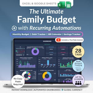 May include: A laptop screen displays a family budget spreadsheet with charts and graphs. The text reads "The Ultimate Family Budget" with features like monthly budget, debt tracker, and savings tracker. Includes a YouTube tutorial and supports up to 6 users.