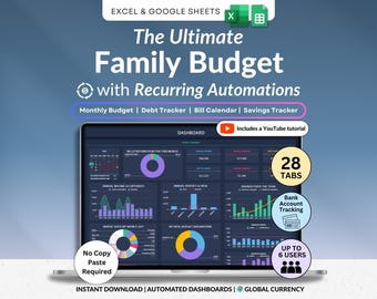 Family & Couple Budget Spreadsheet for Household Expenses Kids Family Monthly Annual Budget Google Sheets Excel Bill Debt Tracker Dark Mode