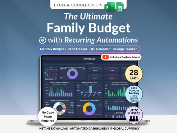 Family & Couple Budget Spreadsheet for Household Expenses Kids Family Monthly Annual Budget Google Sheets Excel Bill Debt Tracker Dark Mode