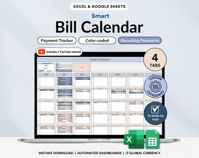 Bill Tracker Spreadsheet Google Sheets Excel Bill Calendar Monthly ...