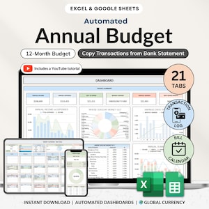 May include: A digital financial planning tool displayed on a laptop, tablet, and smartphone. The screen shows an "Annual Budget" spreadsheet with charts and data. Includes a YouTube tutorial, 21 tabs, and the ability to copy transactions.