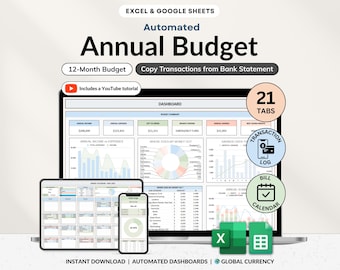 Op de afbeelding: Een digitale tool voor financiële planning weergegeven op een laptop, tablet en smartphone. Het scherm toont een "Jaarlijks Budget" spreadsheet met grafieken en gegevens. Inclusief een YouTube-tutorial, 21 tabbladen en de mogelijkheid om transacties te kopiëren.