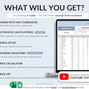 Digital Pricing Calculator template for Google Sheets and Excel. Track product costs, material inventory, and calculate prices automatically. Includes price list, simple setup, and automated calculations to help small business owners and creators set profitable prices and manage their pricing efficiently.