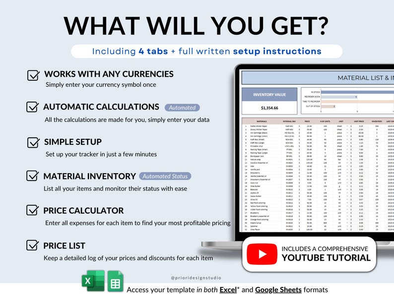 Digital Pricing Calculator template for Google Sheets and Excel. Track product costs, material inventory, and calculate prices automatically. Includes price list, simple setup, and automated calculations to help small business owners and creators set profitable prices and manage their pricing efficiently.