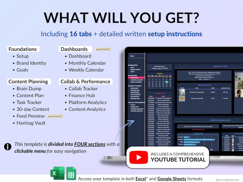 Dark mode social media planner spreadsheet featuring a monthly and weekly content calendar for digital creators. All-in-one content planner with brand identity setup, goals, dashboards, content planning, post scheduling, task tracking, hashtag strategy, influencer collaborations, and performance analytics. Designed for Instagram and TikTok content planning in Google Sheets and Excel.