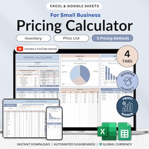May include: A digital pricing calculator for small businesses, displayed on a laptop, tablet, and smartphone. The interface includes inventory, price list, and 5 pricing methods. Includes a YouTube tutorial. Features a beginner-friendly design with profit margin tracking.