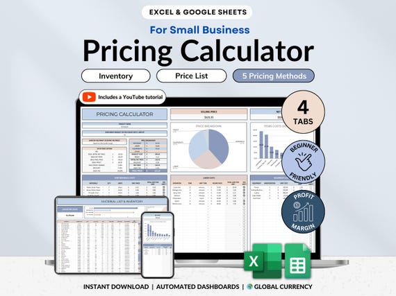 Pricing Calculator for Small Business Google Sheets Excel Handmade Product Cost Tracker Profit Margin Price List Template Material Inventory