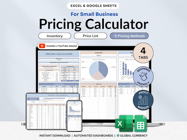 Digital Pricing Calculator template for Google Sheets and Excel. Track product costs, material inventory, and calculate prices automatically. Includes price list, simple setup, and automated calculations to help small business owners and creators set profitable prices and manage their pricing efficiently.