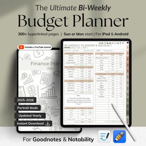 May include: A digital budget planner displayed on two tablets. The text reads "The Ultimate Bi-Weekly Budget Planner" with features like 300+ hyperlinked pages, and "For iPad & Android." One tablet shows a finance plan, the other a bi-weekly planner.