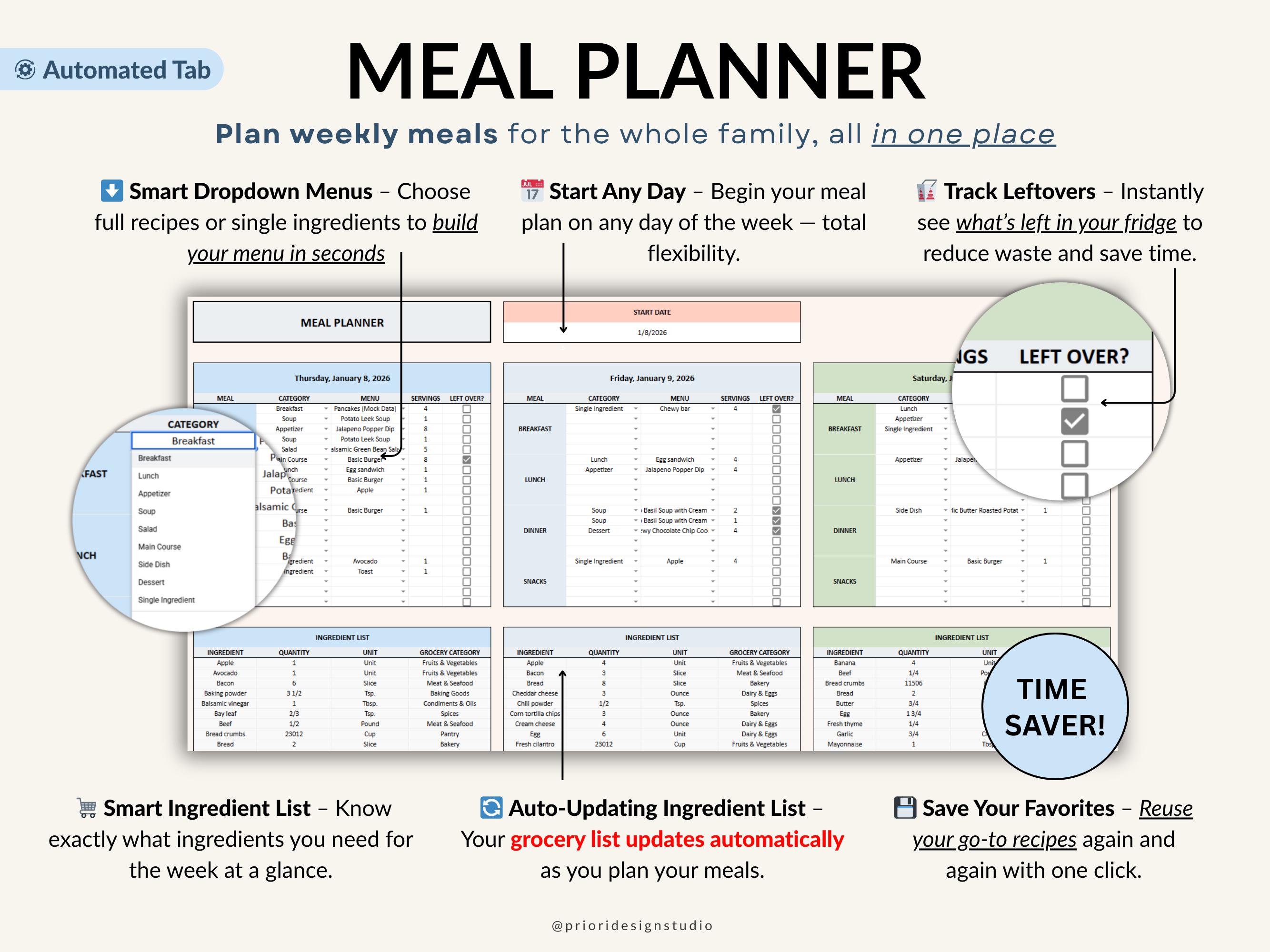 Weekly Meal Planner Google Sheets Spreadsheet Automatic Grocery List ...