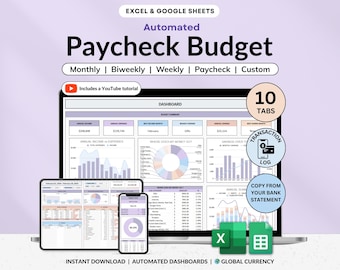 May include: An automated paycheck budget spreadsheet for Excel and Google Sheets. The image shows a laptop, tablet, and smartphone displaying budget dashboards. Features include monthly, biweekly, weekly, and custom budget options, a YouTube tutorial, and 10 tabs.