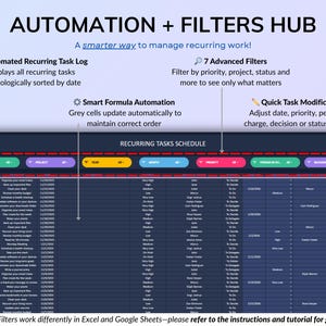 Dark mode project and task management spreadsheet for Google Sheets and Excel, featuring a Gantt chart, Kanban board, task scheduler, and smart filters. Easily manage multiple projects with recurring and one-time tasks, automated dashboards, and monthly and weekly calendar views. Includes a decision matrix, structured task tracking system, and built-in productivity planner. A powerful yet easy-to-use project management template designed to keep you organized and maximize productivity.