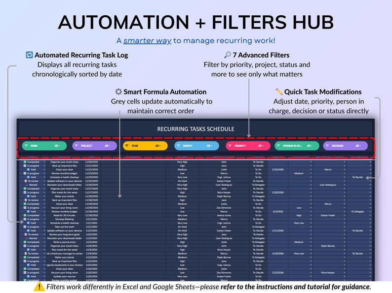 Dark mode project and task management spreadsheet for Google Sheets and Excel, featuring a Gantt chart, Kanban board, task scheduler, and smart filters. Easily manage multiple projects with recurring and one-time tasks, automated dashboards, and monthly and weekly calendar views. Includes a decision matrix, structured task tracking system, and built-in productivity planner. A powerful yet easy-to-use project management template designed to keep you organized and maximize productivity.
