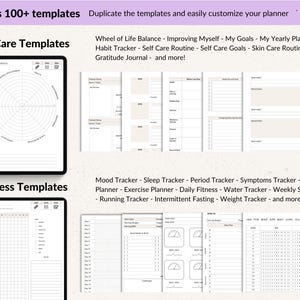 Digital planner templates with over 100 options, including self-care and wellness templates. The image shows a tablet displaying a wheel of life balance chart and other templates for habit tracking, fitness, and more. Text includes "Duplicate the templates and easily customize your planner."