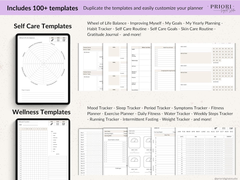 Digital planner templates with over 100 options, including self-care and wellness templates. The image shows a tablet displaying a wheel of life balance chart and other templates for habit tracking, fitness, and more. Text includes "Duplicate the templates and easily customize your planner."