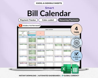 Bill Calendar 2025 2026 Bill Tracker Spreadsheet for Google Sheets and Excel Monthly Smart Bill Planner Editable Personal Finance Organizer