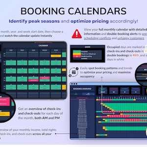 Airbnb Tracker spreadsheet for vacation rentals and short-term rental property management in dark mode. Track income, expenses, profits, occupancy, ADR, and cancellations for up to 50 properties. Includes landlord spreadsheet tools, rental bookkeeping, rental ledger, booking calendar, property dashboard, unit stats, and monthly, annual, 5-year, comparison, and custom dashboards. Ideal for multi property owners and real estate finance tracking.