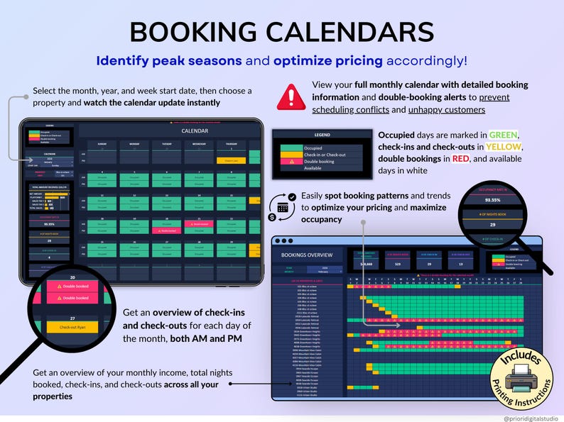 Airbnb Tracker spreadsheet for vacation rentals and short-term rental property management in dark mode. Track income, expenses, profits, occupancy, ADR, and cancellations for up to 50 properties. Includes landlord spreadsheet tools, rental bookkeeping, rental ledger, booking calendar, property dashboard, unit stats, and monthly, annual, 5-year, comparison, and custom dashboards. Ideal for multi property owners and real estate finance tracking.