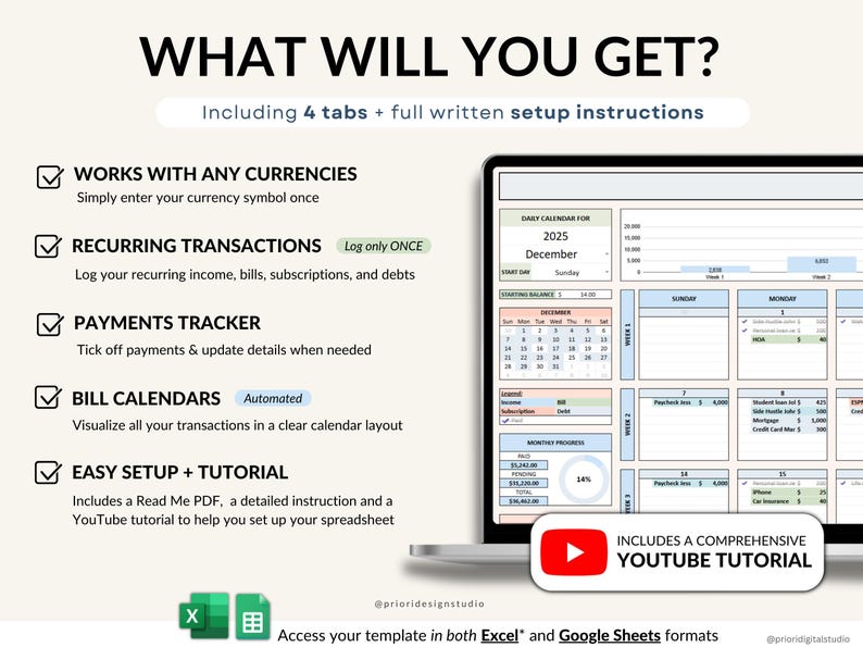 Bill Calendar 2026 digital template for Google Sheets and Excel. Track monthly bills, recurring payments, and personal finances. Editable, simple to use, includes payment tracker and finance organizer. Perfect for staying on top of bills and avoiding late fees.