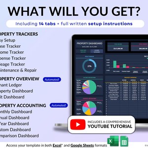 Rental Property Tracker spreadsheet for landlords managing multi property and long-term rental portfolios in dark mode. Track income and expense, profit, mileage, maintenance and rent payments for up to 50 properties over multiple years. Includes automated tenant ledger sheet, lease tracker, booking calendar, and dashboards for property analysis with monthly, annual and 5-year reports. All-in-one rental bookkeeping and real estate finances template to monitor cash flow and performance.