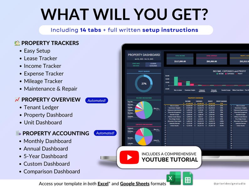 Rental Property Tracker spreadsheet for landlords managing multi property and long-term rental portfolios in dark mode. Track income and expense, profit, mileage, maintenance and rent payments for up to 50 properties over multiple years. Includes automated tenant ledger sheet, lease tracker, booking calendar, and dashboards for property analysis with monthly, annual and 5-year reports. All-in-one rental bookkeeping and real estate finances template to monitor cash flow and performance.