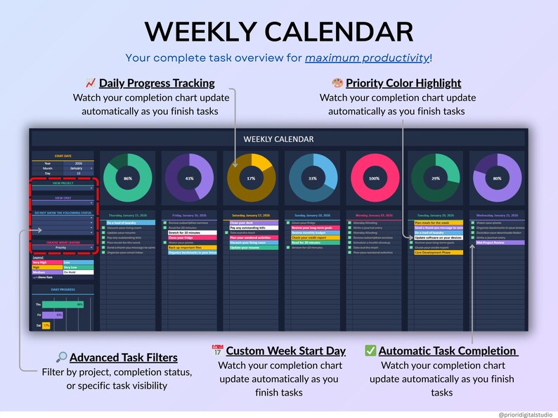 Dark mode project and task management spreadsheet for Google Sheets and Excel, featuring a Gantt chart, Kanban board, task scheduler, and smart filters. Easily manage multiple projects with recurring and one-time tasks, automated dashboards, and monthly and weekly calendar views. Includes a decision matrix, structured task tracking system, and built-in productivity planner. A powerful yet easy-to-use project management template designed to keep you organized and maximize productivity.