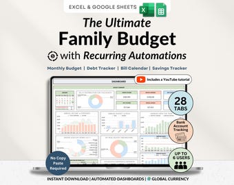 Family & Couple Annual Budget Spreadsheet for Household Expenses Kids and Family Monthly Yearly Budget Google Sheets Excel Bill Debt Tracker