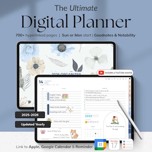 Puede incluir: Dos planificadores digitales sobre un fondo azul. El planificador superior muestra diseños florales y el texto "2026 ORGANIZER". El planificador inferior muestra un calendario y una lista de tareas. El texto incluye "The Ultimate Digital Planner".