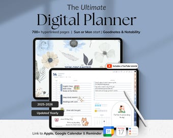 Digital Planner 2025 2026 for iPad Android Goodnotes Notability All-in-One Life Planner Daily Weekly Monthly Journal ADHD Digital Notebook