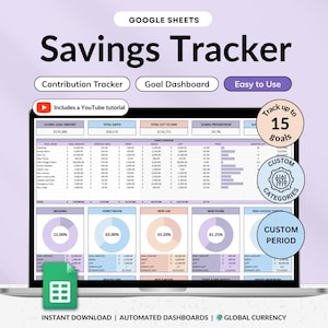 Op de afbeelding: Een laptopscherm toont een Google Sheets spaartracker. De spreadsheet bevat secties voor het volgen van bijdragen, doeldashboards en gebruiksvriendelijke functies. De interface toont voortgangsregistratie voor maximaal 15 doelen, aangepaste categorieën en een aangepaste periode. De tekst bevat "Direct downloaden | Geautomatiseerde dashboards | Wereldwijde valuta."