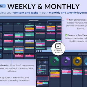 Dark mode social media planner spreadsheet featuring a monthly and weekly content calendar for digital creators. All-in-one content planner with brand identity setup, goals, dashboards, content planning, post scheduling, task tracking, hashtag strategy, influencer collaborations, and performance analytics. Designed for Instagram and TikTok content planning in Google Sheets and Excel.